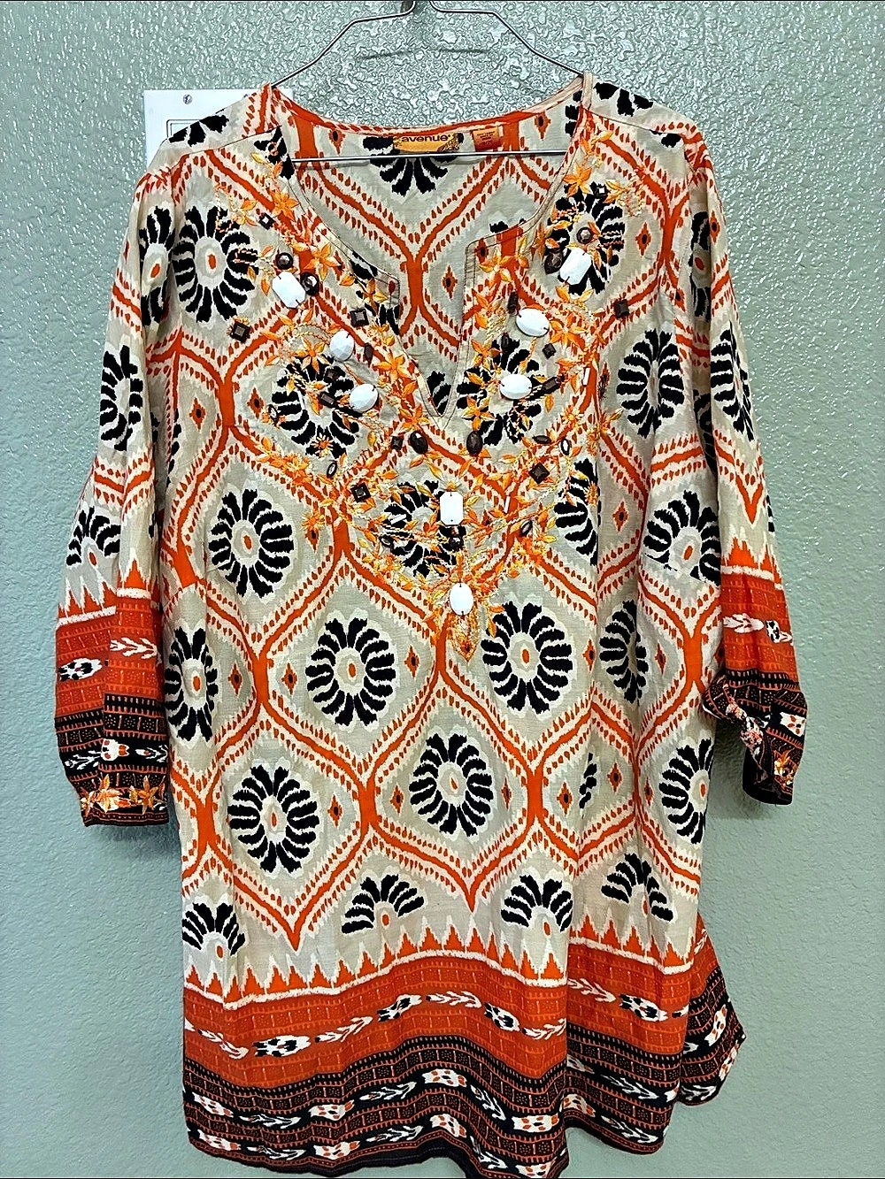 Avenue Beaded Embellishment Tunic Orange & Black 100% cotton soft lots of detail